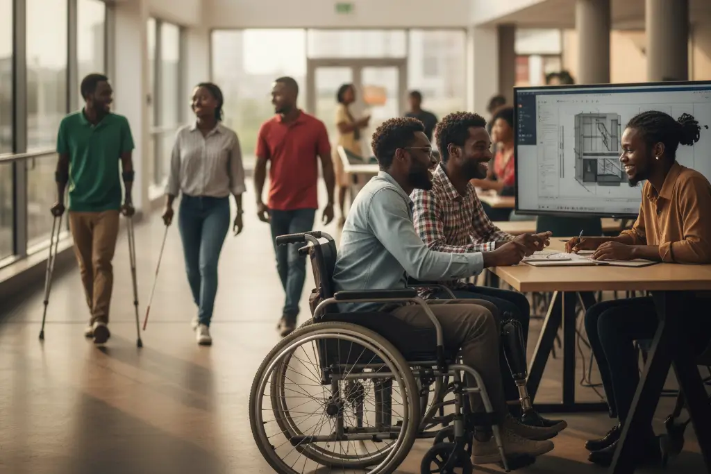 An inclusive office environment, with some staff on wheelchairs, working at a computer.