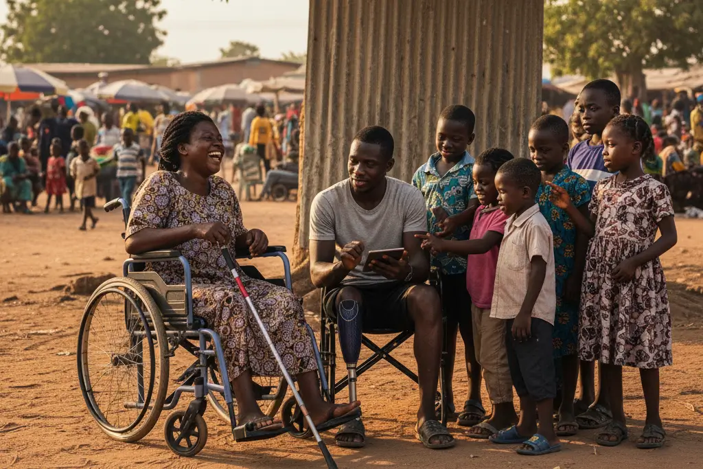 Empowerment at a village square with children all around. A woman on wheelchair can be seen, happy.