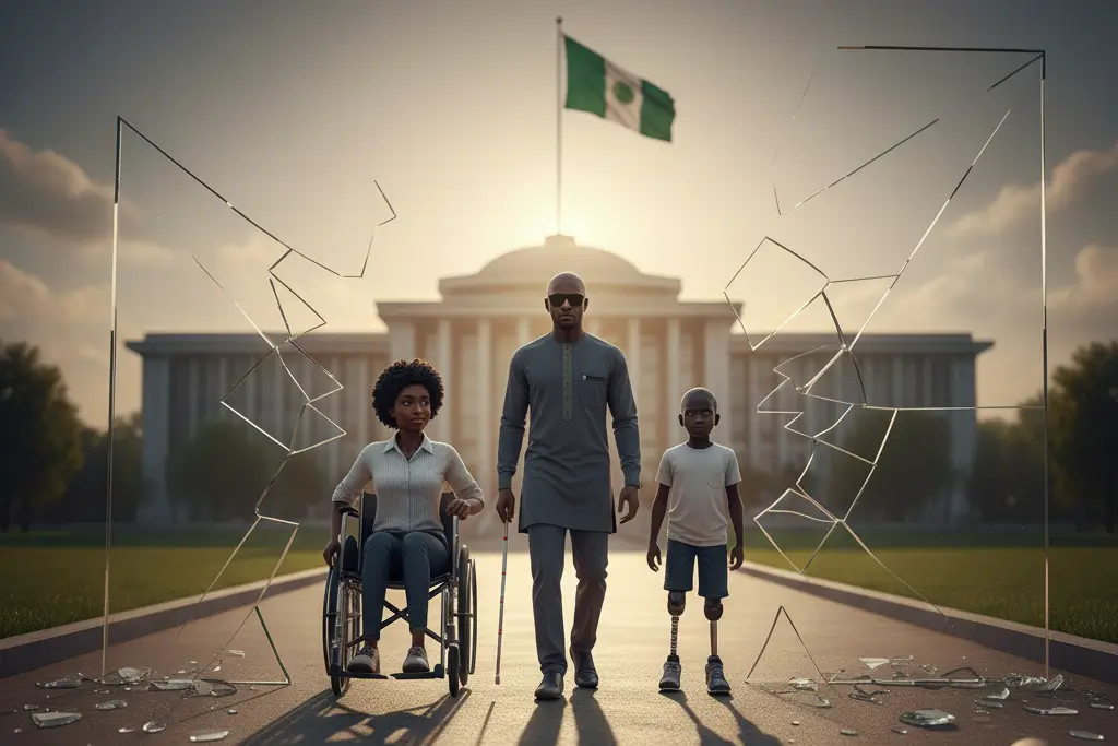 An illustration of a blind man standing in the middle, with a woman in a wheelchair beside him. In their background is the Nigerian govt building with the Nigerian flag on top of the roof.